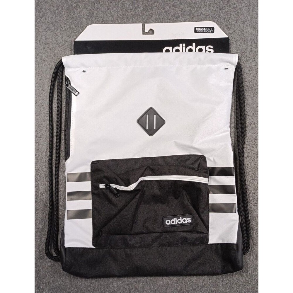 Adidas "Sack Pack" White Black - 18 X 14 Media Safe Lined Pocket New - Picture 9 of 9
